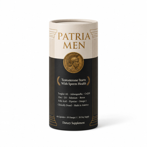 PatriaMen testosterone supplement paper tube on white background
