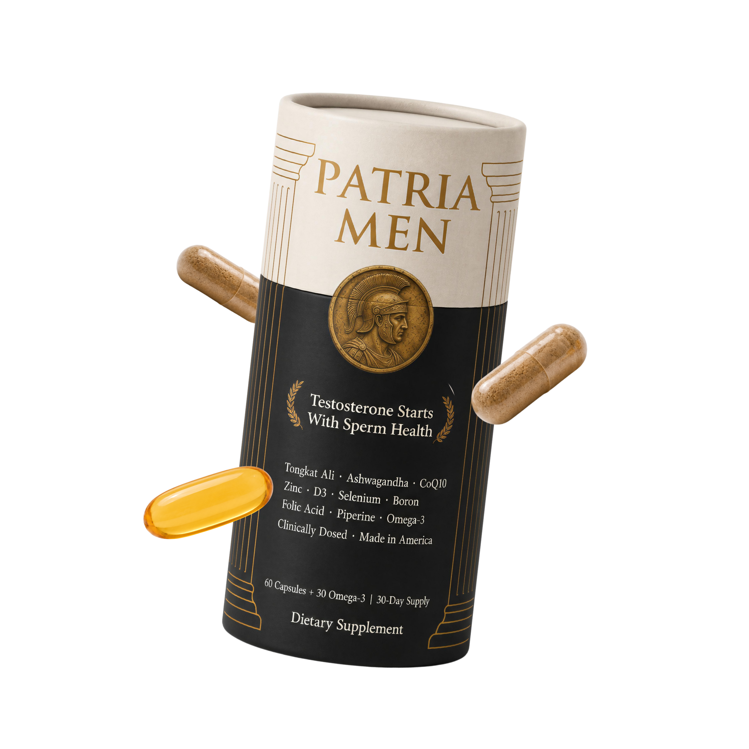 PatriaMen tube with two capsules and one omega-3 softgel beside it