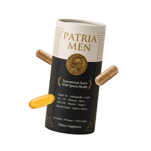 PatriaMen tube with two capsules and one omega-3 softgel beside it